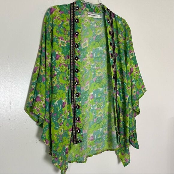 Artisan de Luxe Embroidered Kimono Top Boho Open Front Cardigan Green Floral XS - Picture 2 of 10